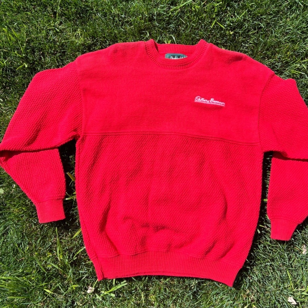 Dunbrooke Mens‎ Red Cadbury Beverages Knit Sweater Made in USA Large Vintage
